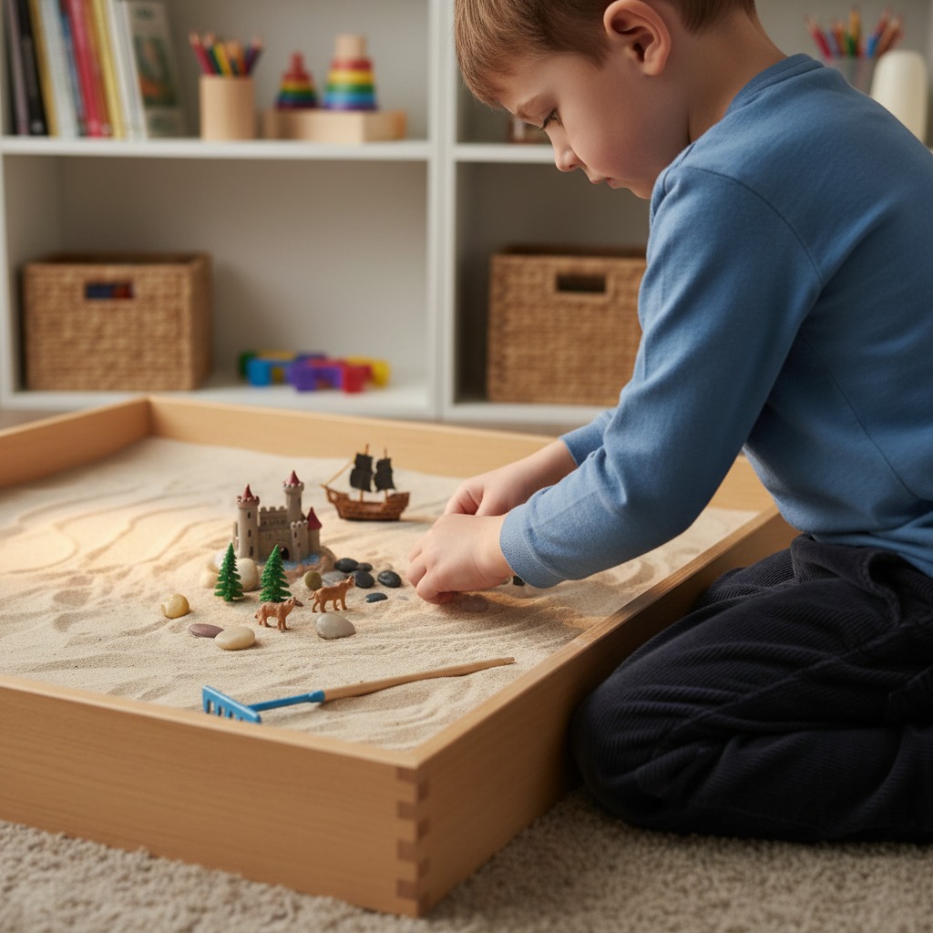 Cat sunning on picnic table by teal forest school cabin; tranquil garden for small-group outdoor learning and wellbeing.