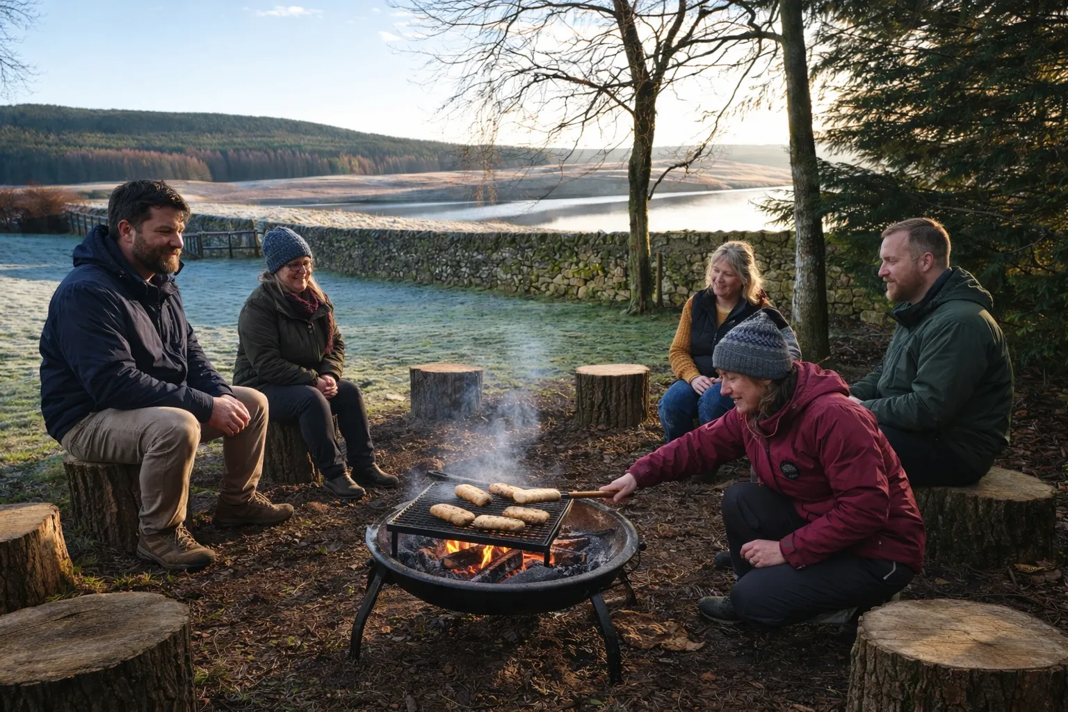 Child at forest school mud kitchen mixing water and soil on tree stump—nature-based play for wellbeing, small-group learning.