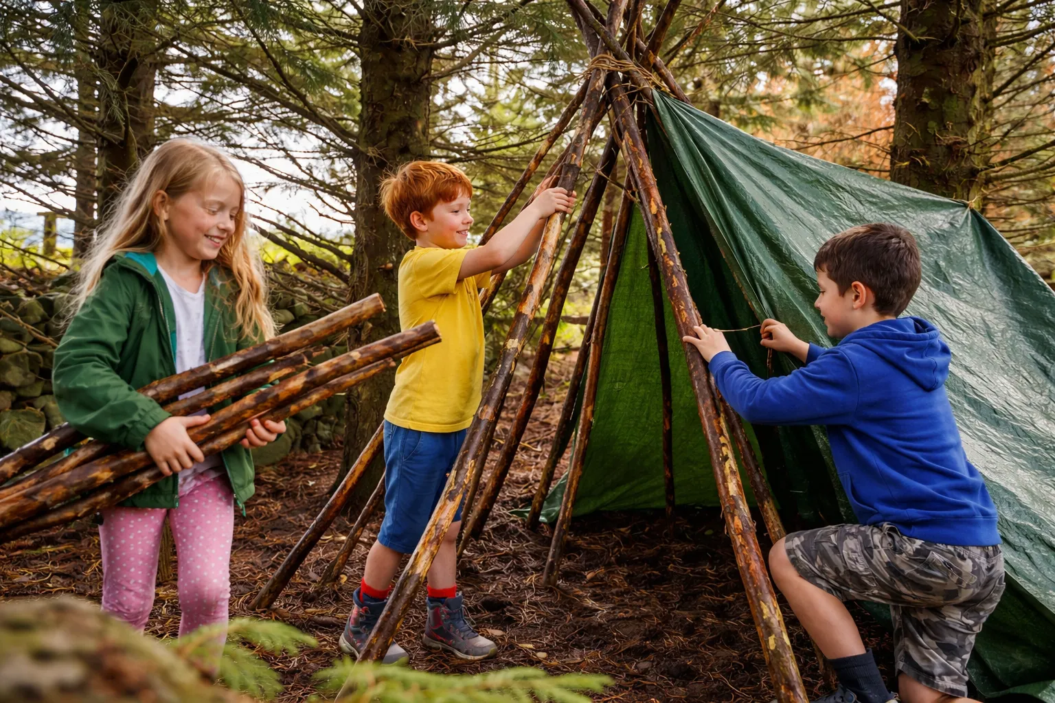 Three children build a tarp shelter in a forest school, small-group outdoor learning fostering wellbeing and nature.