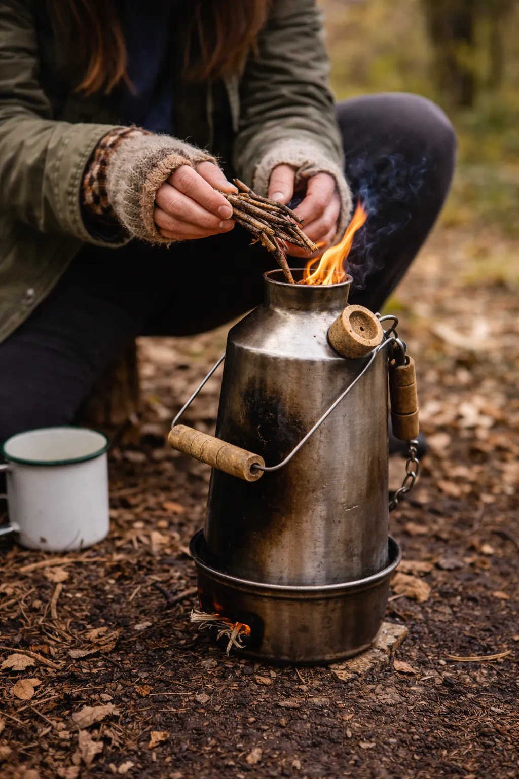 Child feeds chickens in forest school workshop, nature-based therapeutic play for wellbeing and small-group learning.