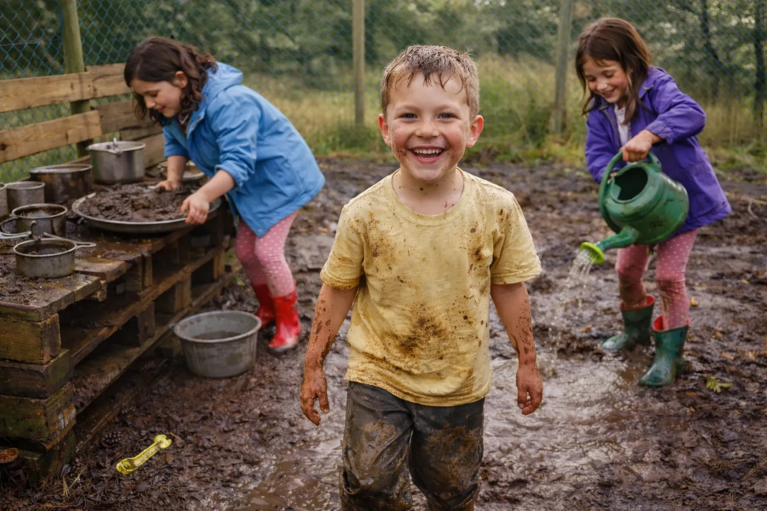 Three children build a tarp shelter in a forest school, small-group outdoor learning fostering wellbeing and nature.